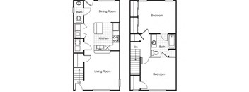 2 Bedroom 1.5 Bath Townhouse 2D Floorplan-Villa del Sol Apartments, Kansas City, MO