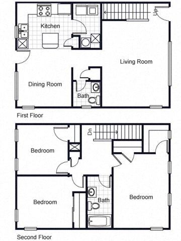 3 Bedroom 1.5 Bath Townhome 2D Floorplan-Villa del Sol Apartments, Kansas City, MO