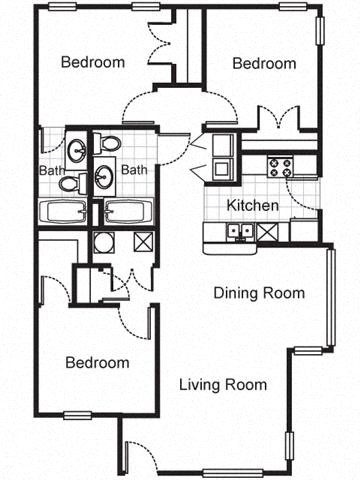 3 Bedroom 2 Bath 2D Floorplan-Villa del Sol Apartments, Kansas City, MO