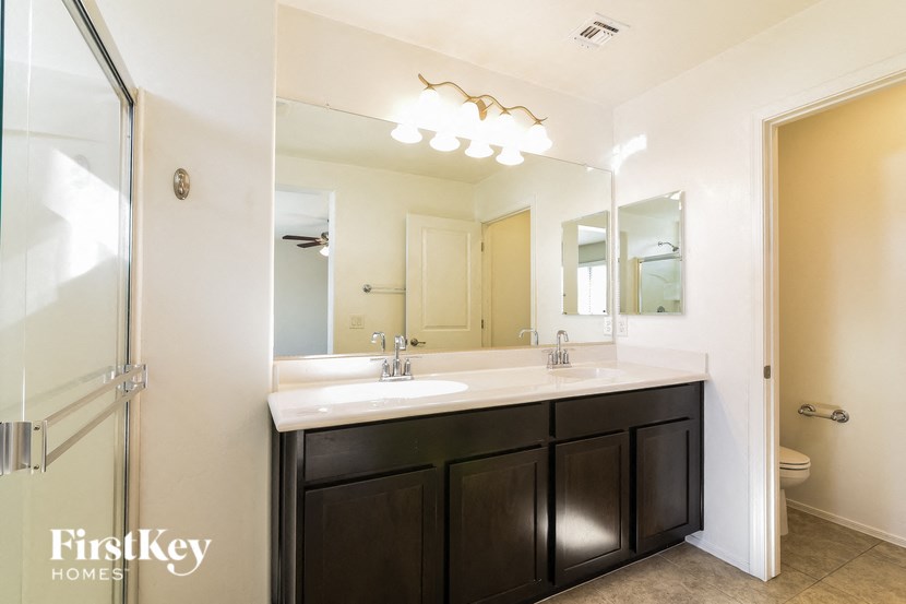 a bathroom with a sink and a shower and a mirror