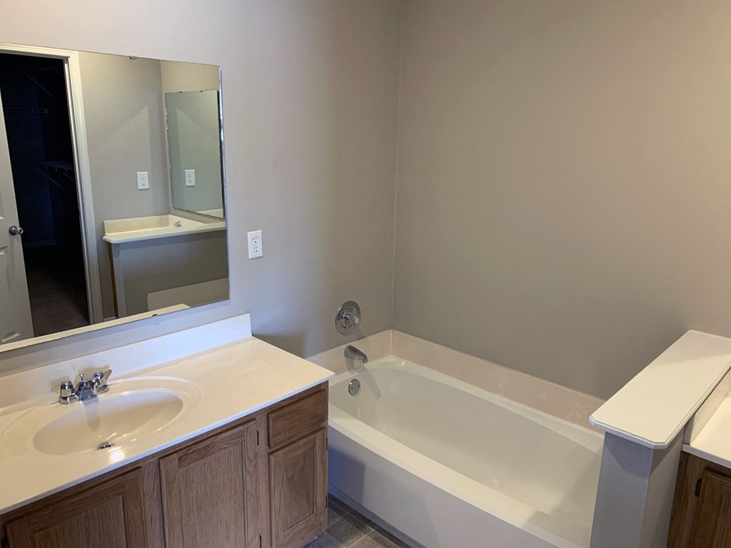 a bathroom with a tub and a sink and a mirror