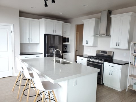 a white kitchen with stainless steel appliances and white cabinets