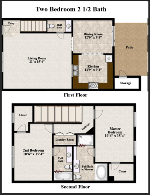 A diagram of a two bedroom 2 1/2 bath house plan.