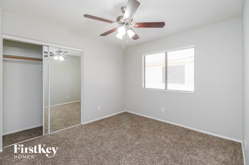A carpeted room with a ceiling fan and a window with blinds.