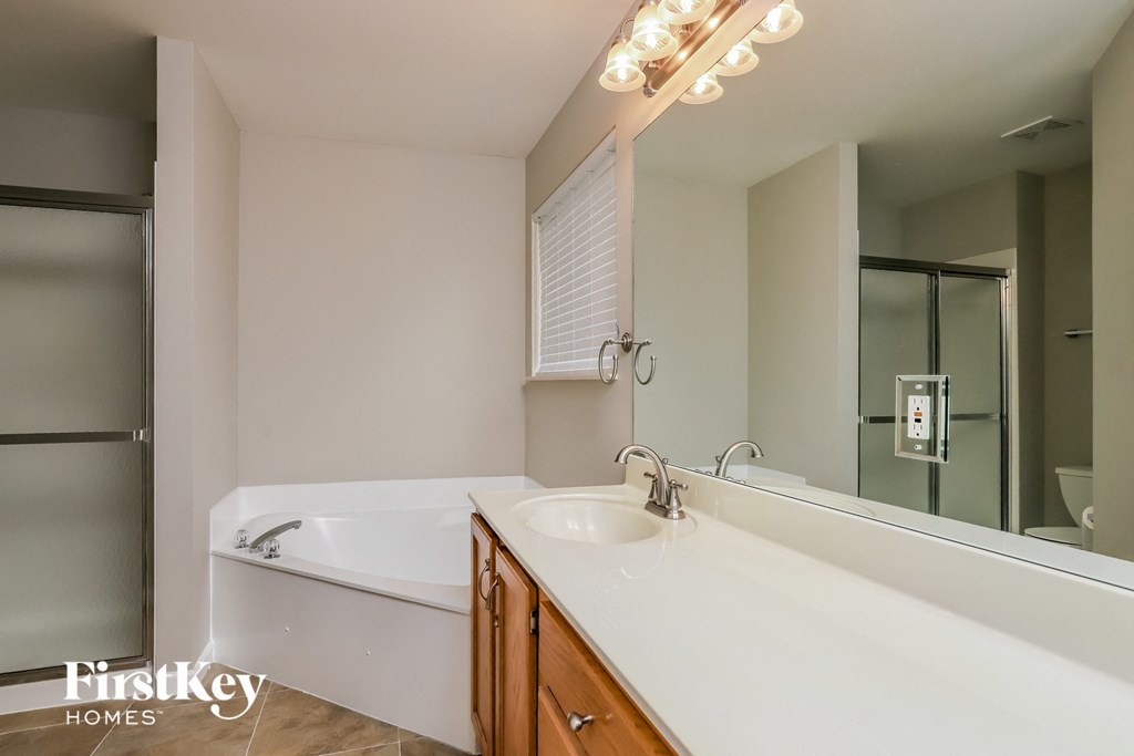 a bathroom with a tub and a sink and a mirror