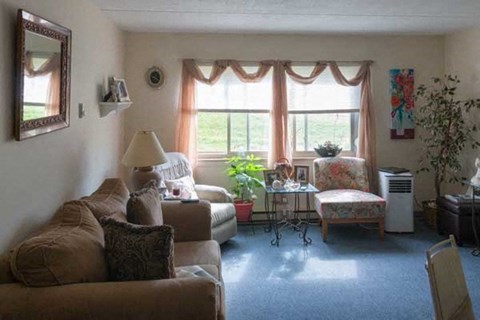 A living room with a brown couch and a white chair.