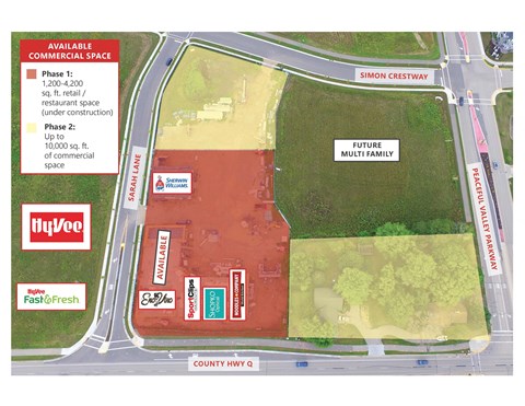 A map shows a commercial space available for rent at the corner of Simon Crestway and Peacock Valley.