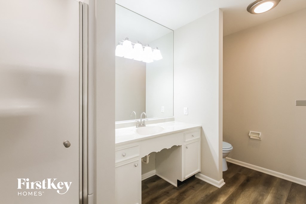 a bathroom with a sink and a mirror and a toilet