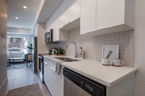 A modern kitchen with white cabinets and a black dishwasher.