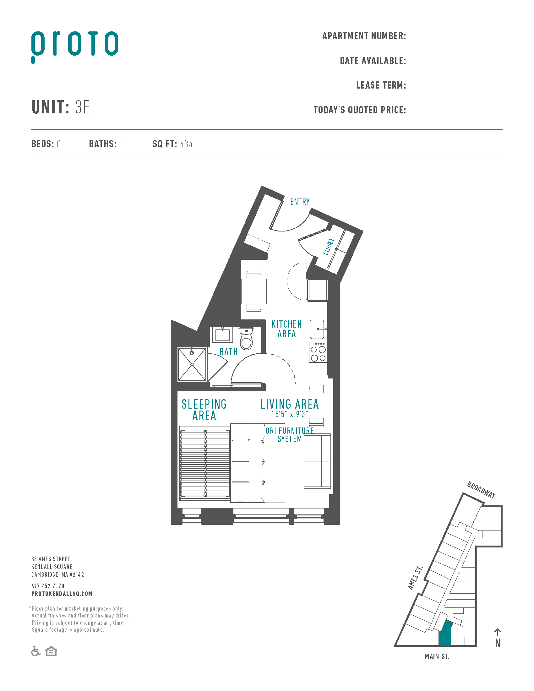 A floor plan for a 3E unit with a living area of 153 sq ft and a sleeping area of 71 sq ft.