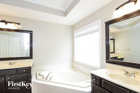 a bathroom with a tub and a sink and a mirror