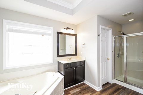a bathroom with a tub and a sink and a shower