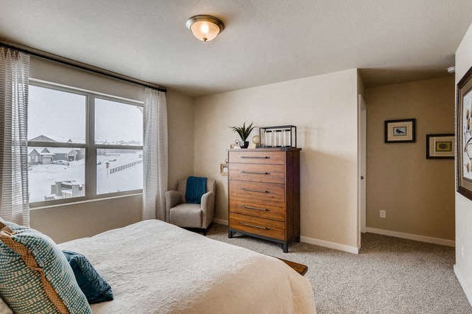 a bedroom with a bed and a dresser and a window