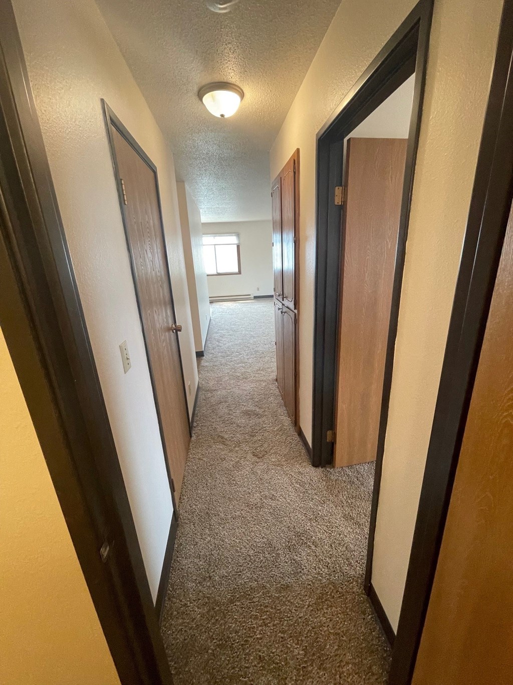 a hallway with three doors and a carpeted flooring