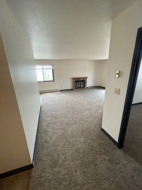 an empty living room with a fireplace and a window