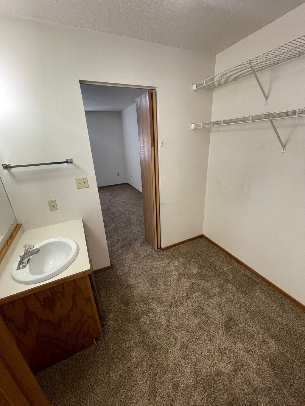 an empty bathroom with a sink and a closet