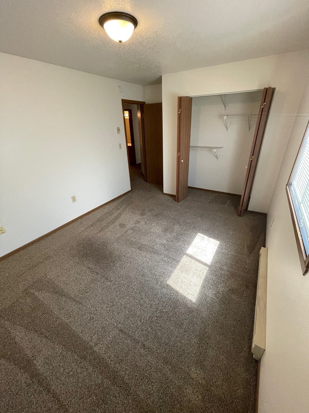 an empty living room with carpet and a door to a closet