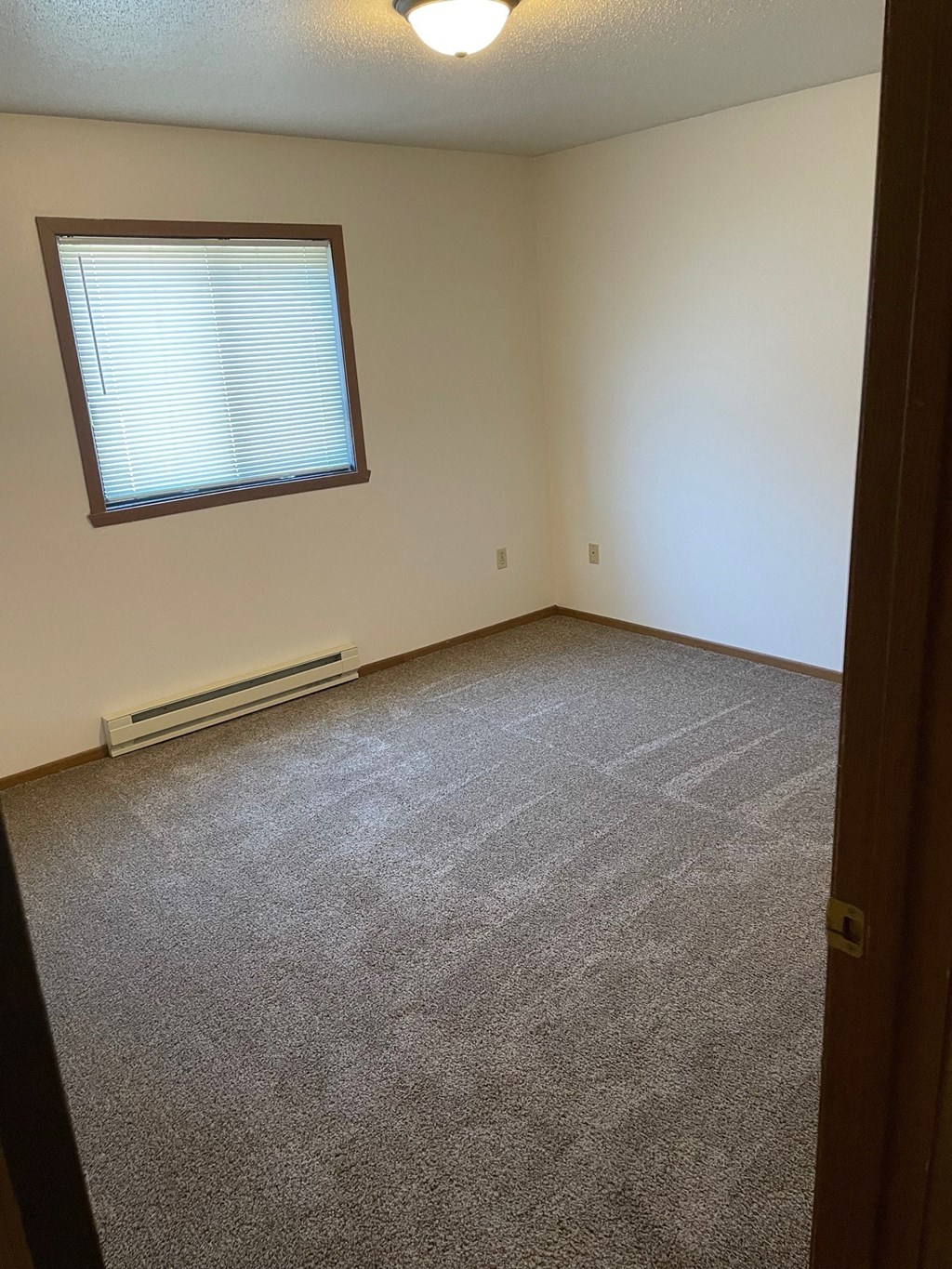 an empty room with carpet and a window