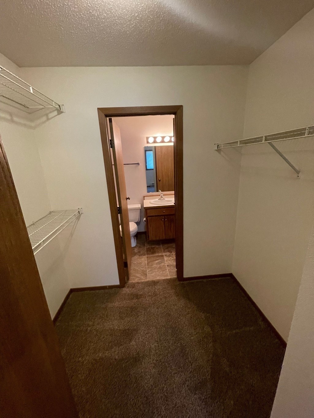 a room with a closet and a bathroom with a toilet and a sink