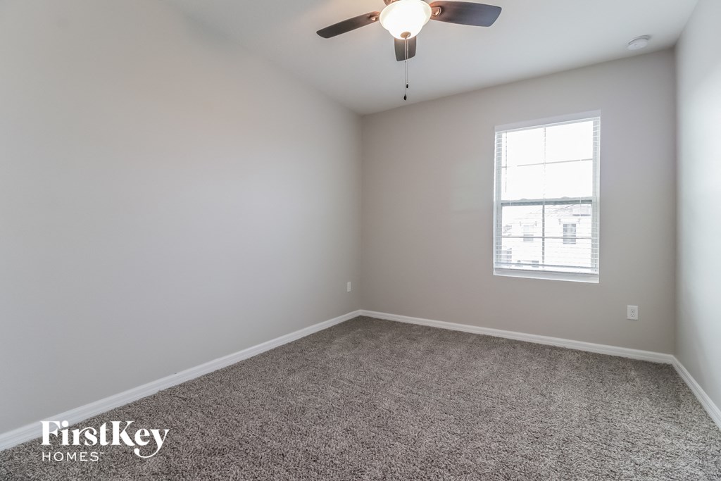 A room with a carpet floor, a ceiling fan, and a window.