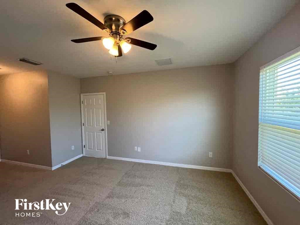 A room with a ceiling fan and a carpeted floor.