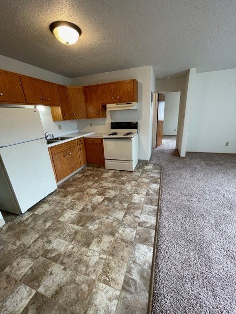 an empty kitchen with a stove and a refrigerator