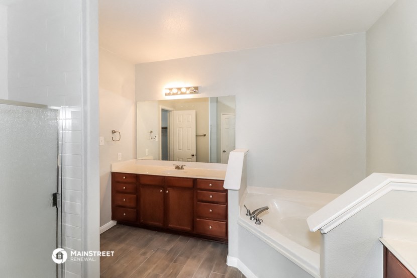 a bathroom with a tub and a sink and a mirror