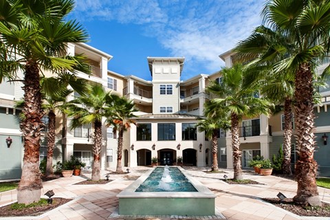 A large house with a pool surrounded by palm trees.