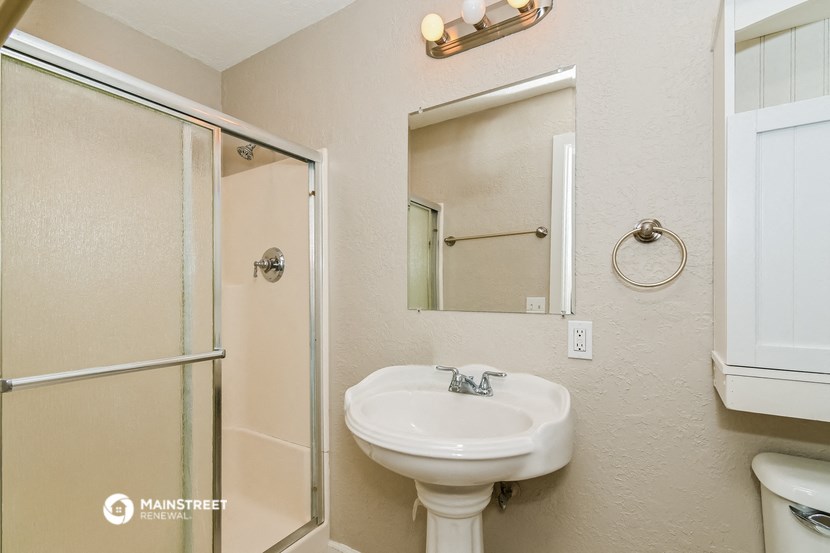 a bathroom with a sink and a shower and a mirror