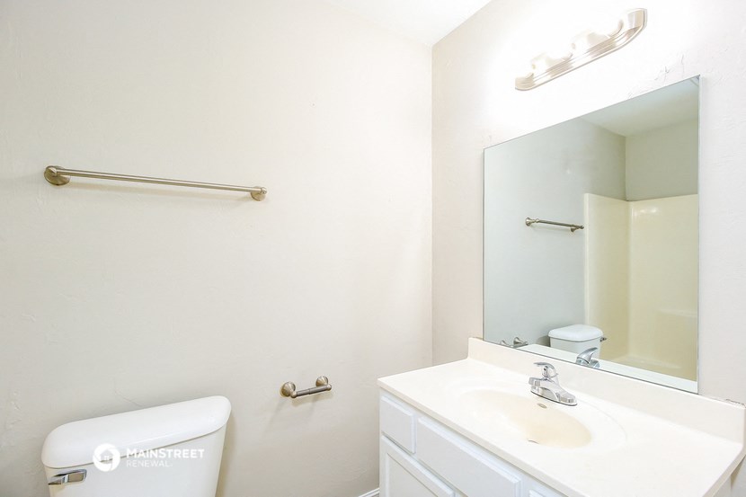 a bathroom with a sink and a mirror and a toilet