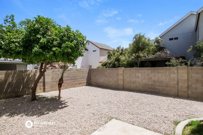 a garden with a tree and a retaining wall