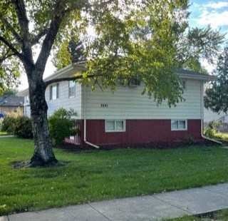 a white and with a tree in front of it