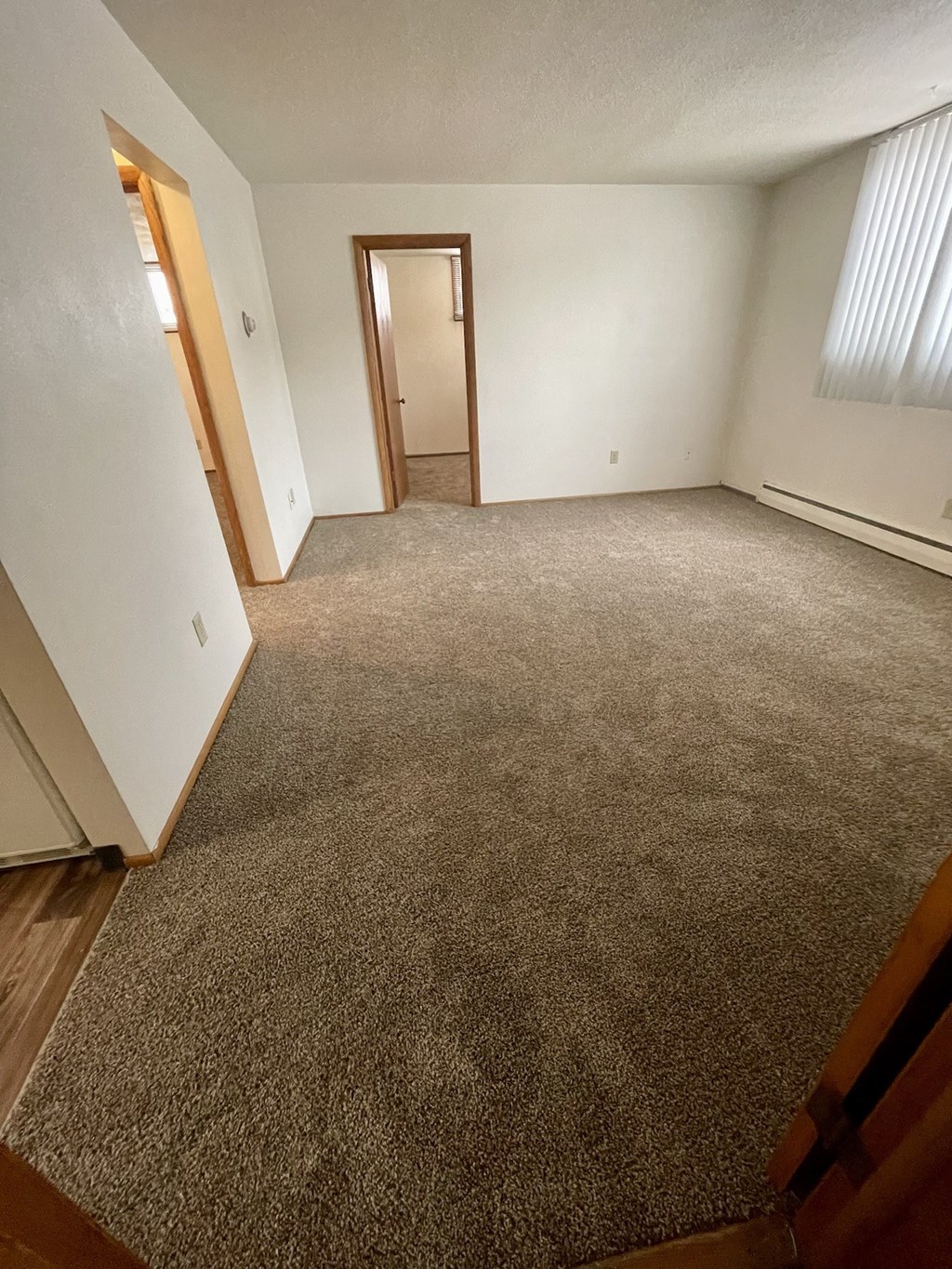 an empty living room with a carpeted floor and a door to a bedroom