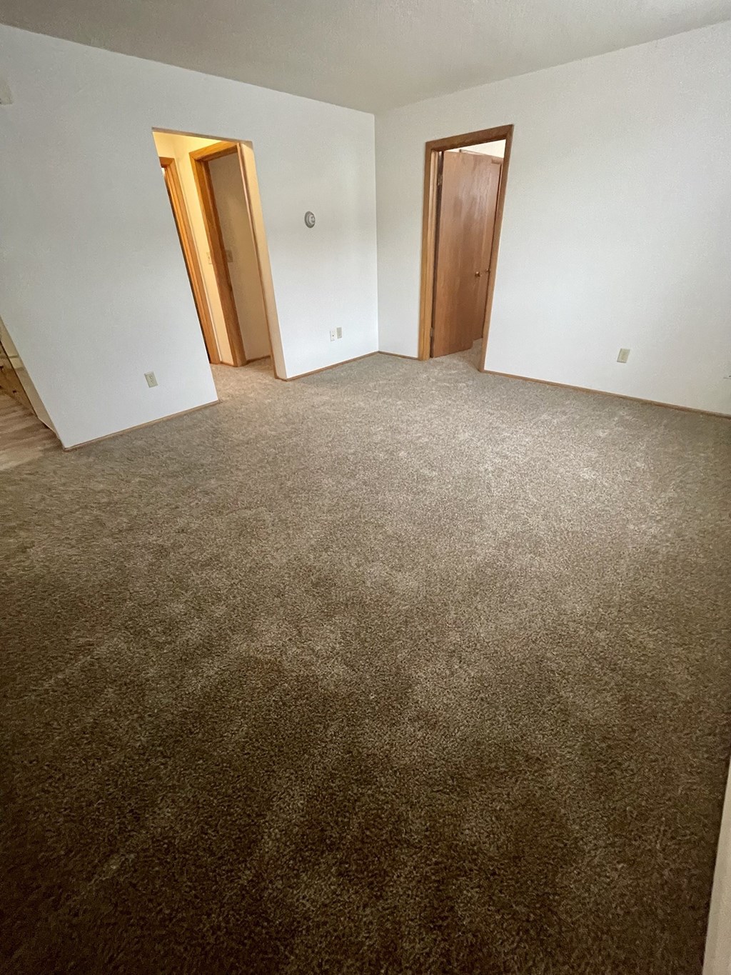 an empty living room with carpet and two doors