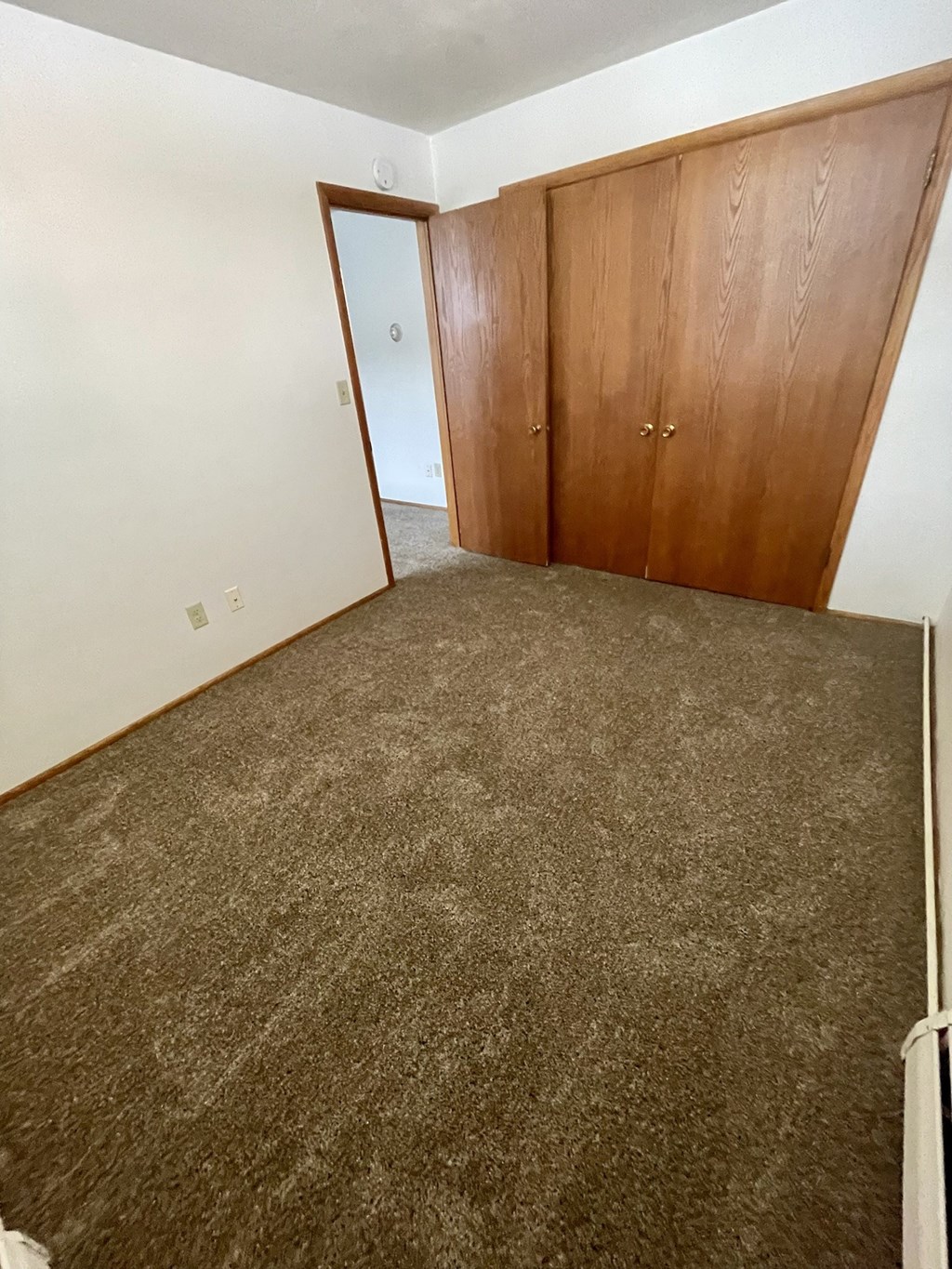 a room with a carpeted floor and a door to a closet