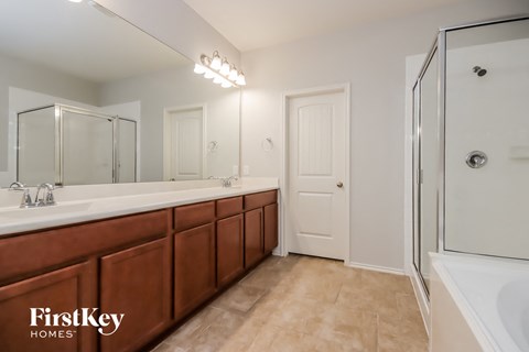 a bathroom with a sink and a shower and a large mirror