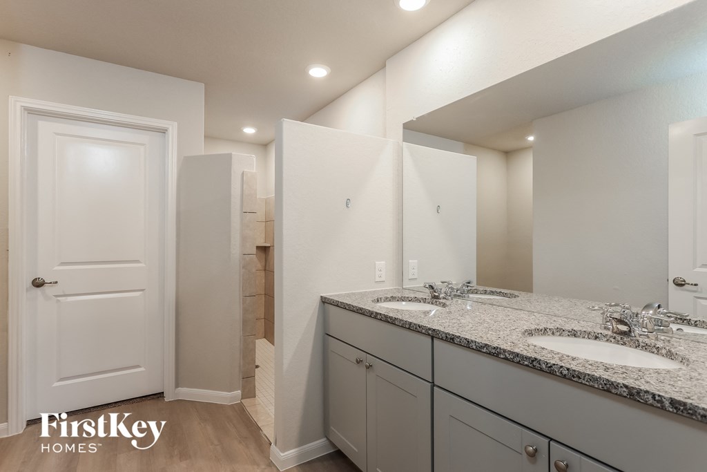 A bathroom with a double sink vanity and a large mirror.