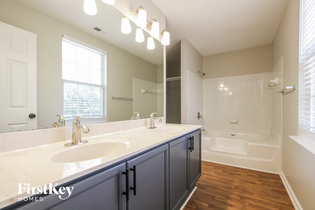 a bathroom with a sink and a shower and a mirror