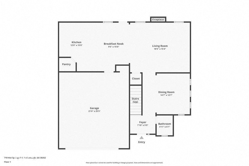 A floor plan of a house with a garage, kitchen, living room, and bathroom.