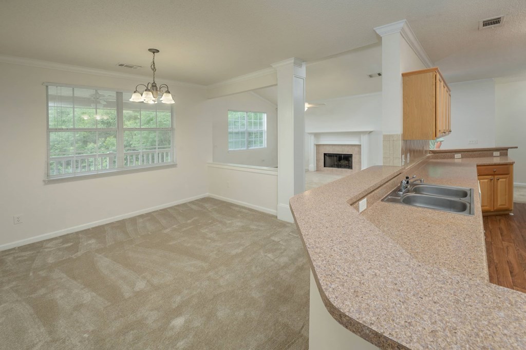 A kitchen with a sink and a window.