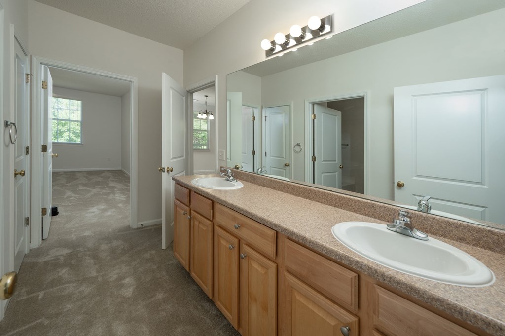 A bathroom with a sink, mirror, and cabinets.