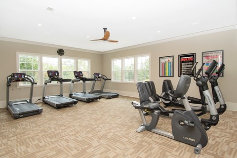 A home gym with treadmills, elliptical machines, and a fan.