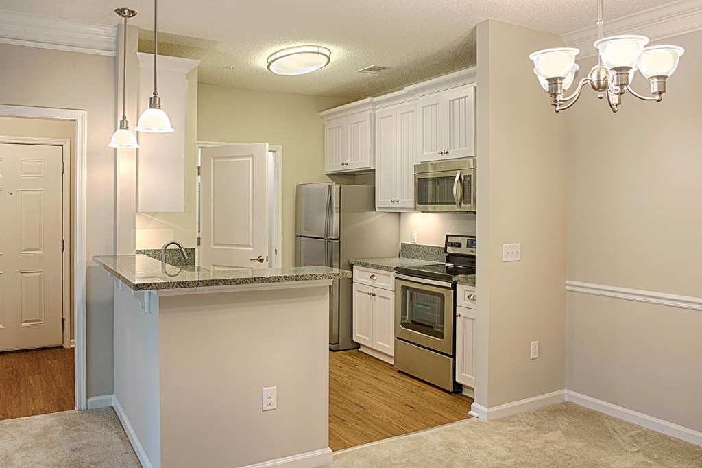 A kitchen with a granite countertop and stainless steel appliances.