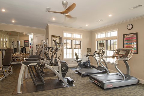 A gym with treadmills, elliptical machines, and a fan.