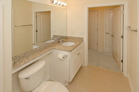 A bathroom with a toilet, sink, and mirror.