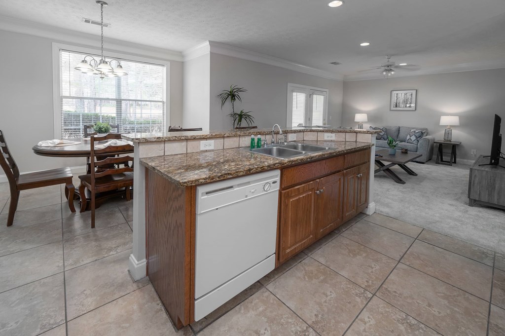 A kitchen with a granite countertop and a white dishwasher.