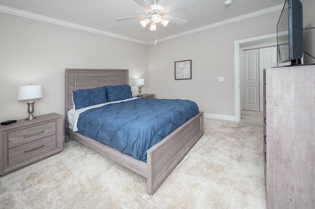 A bedroom with a bed, nightstand, and a ceiling fan.