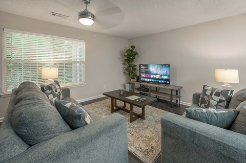 A living room with a grey couch, a wooden coffee table, and a flat screen TV.
