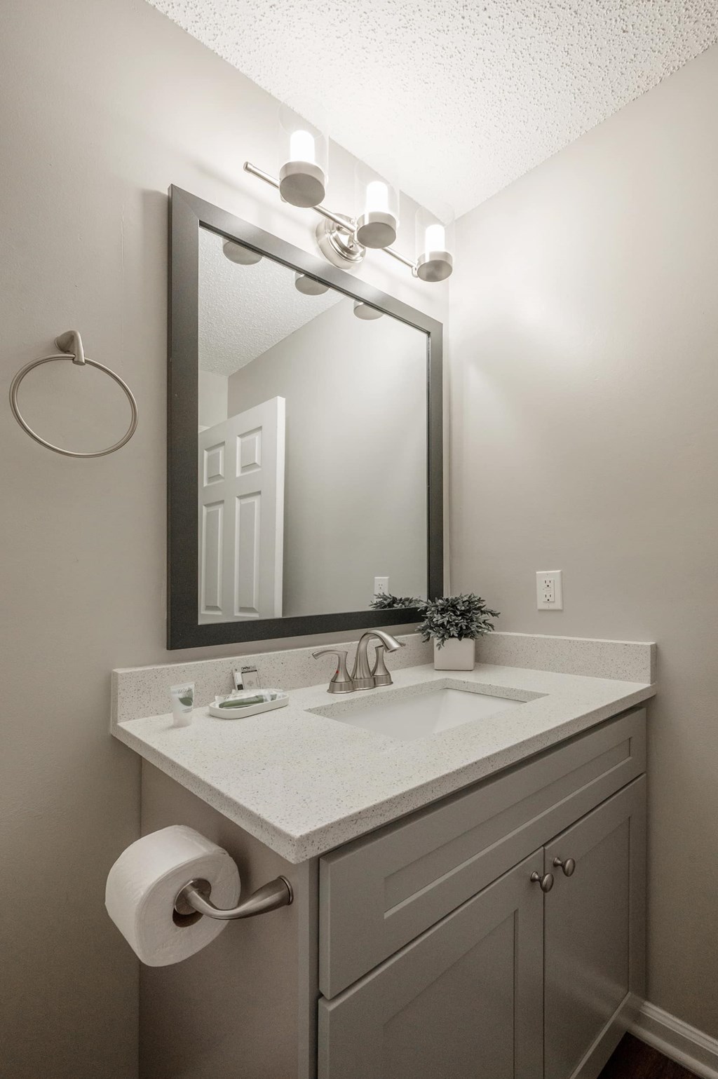 A bathroom with a sink, mirror, and toilet paper roll.