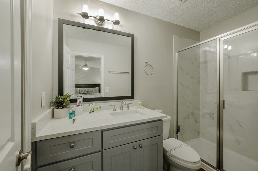 A bathroom with a sink, mirror, toilet, and a shower.